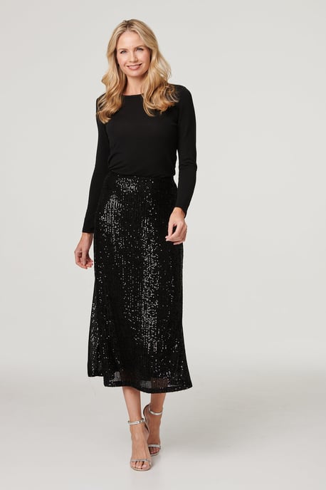 Black Sequin High Waist Semi Sheer Midi Skirt