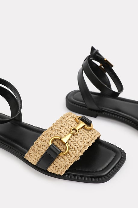 Wheres That From Womens 'Bonnie' Pu Straw Detail Strap Sandals With Buckle Closure