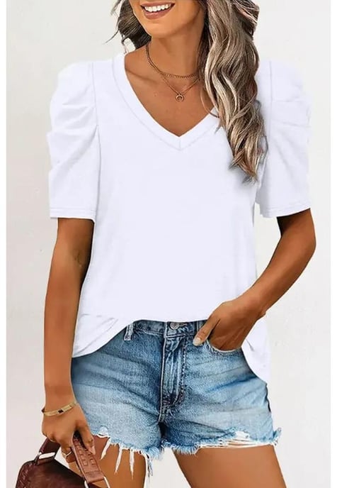 Women's V-Neck Puff Sleeve T-Shirt in White - Image 4