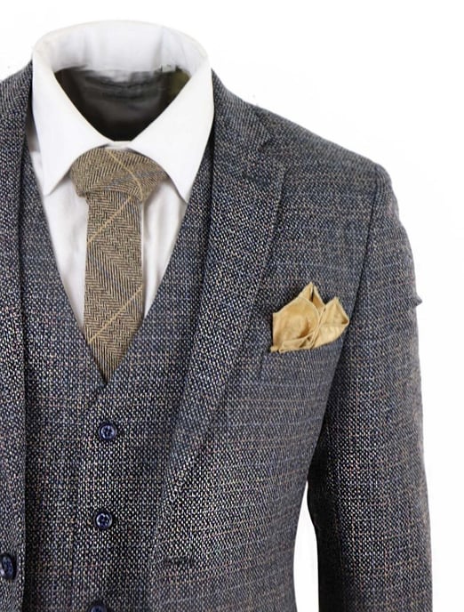 Mens 3 Piece Navy Blue Tweed Check Vintage Retro Suit - Image 6