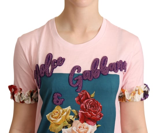 Dolce & Gabbana Women's Pink Cotton Floral Roses Crewneck T-shirt