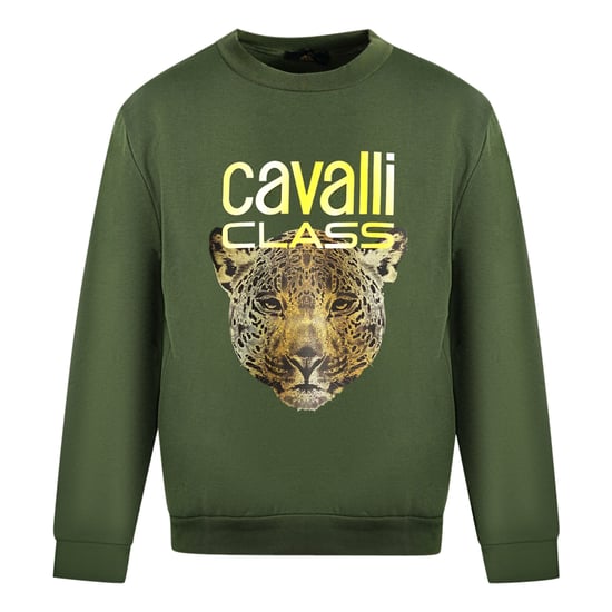 Cavalli Class Leopardmönstrad Logotyp Olivgrön Tröja - Image 1