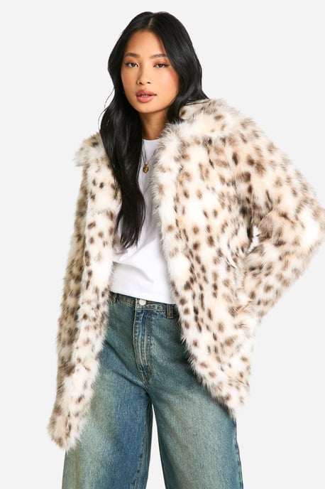 Petite Snow Leopard Faux Fur Coat - Image 1