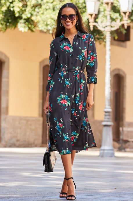 Black Floral Print Belted Midi Shirt Dress