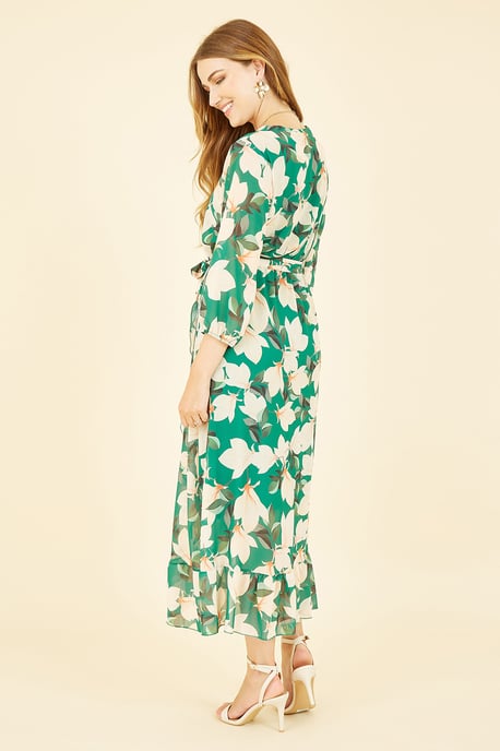 Yumi Green Blossom Wrap Midi Dress With 3/4 Sleeves