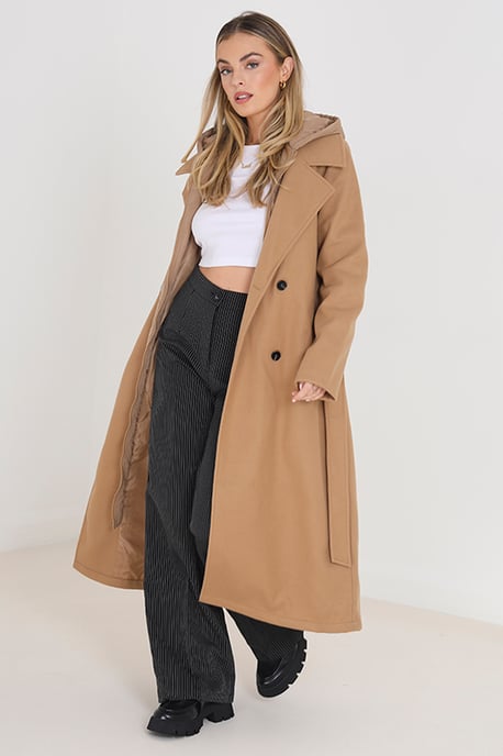 Camel 'Filippa' Faux Wool Maxi Hooded Trench Coat