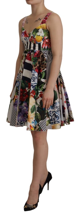 Dolce & Gabbana Multicolor Pachwork Poplin Floral A-Line Mini Flared Women's Dress - Image 3