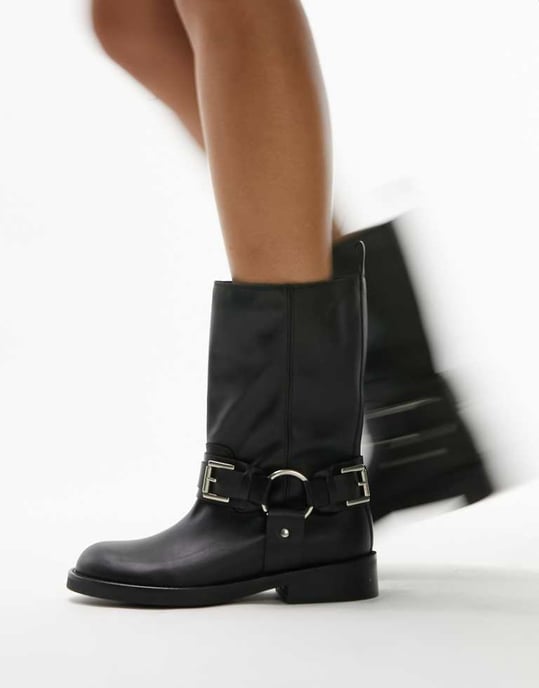 Topshop Lea premium leather biker boot in black