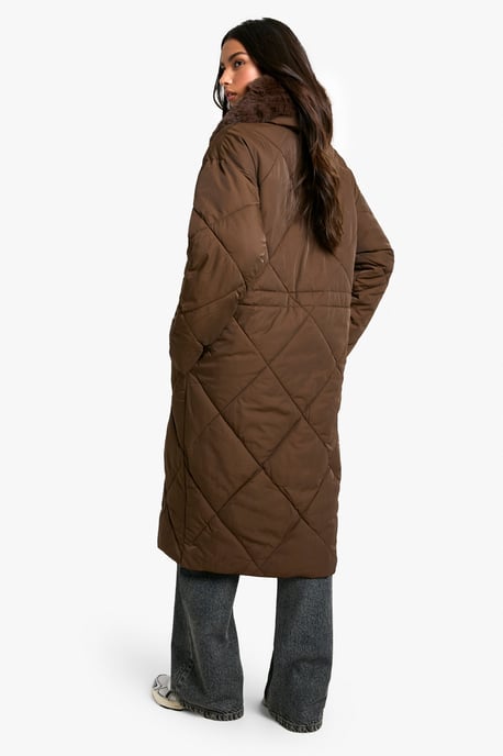Premium Faux Fur Trim Quilted Maxi Parka - Image 2