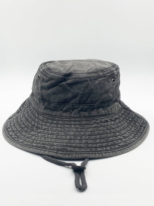 Grey Distressed Denim Safari Bucket Hat with Toggle Adjuster