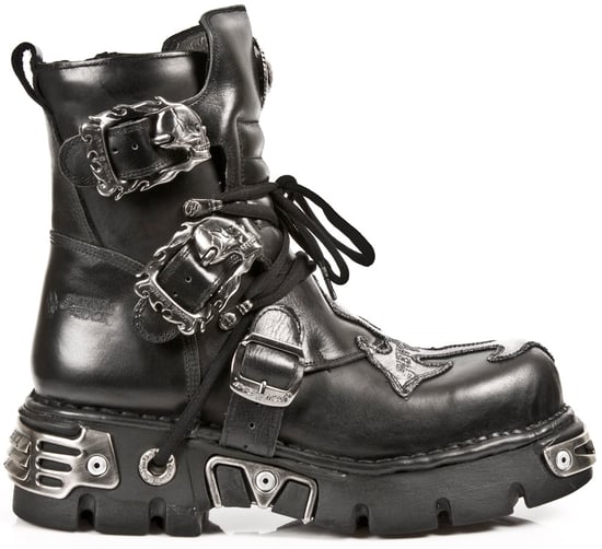 New Rock Silver Cross Black Leather Biker Boots-407-S1