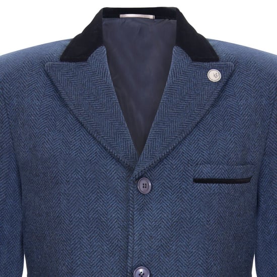 Mens 3/4 Long Navy Crombie Overcoat Jacket Herringbone Tweed Coat Peaky Blinder