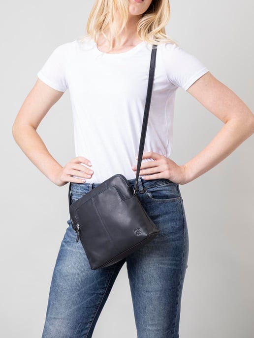 Raven Leather Cross Body Bag in Navy