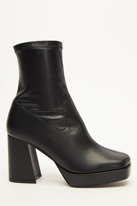 Black Faux Leather Platform Heeled Ankle Boots