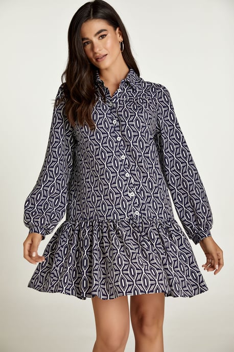 Navy en witte print jurk met knopen - Image 6