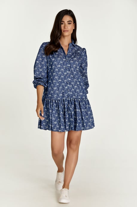 Indigo bloemenjurk met knopen - Image 1