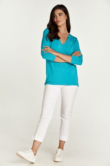 Turquoise Jersey V Neck Top