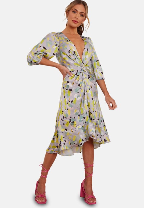 Twist Front Abstract Midi Dress in Silver