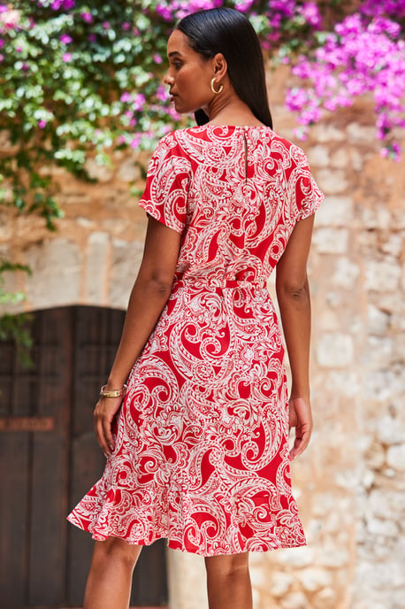 Red Paisley Print Ruffle Hem Tie Waist Dress
