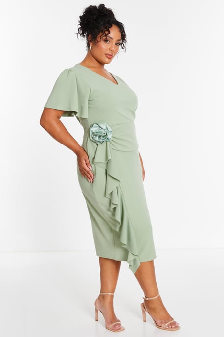Curve Sage Flower Corsage Midi Dress