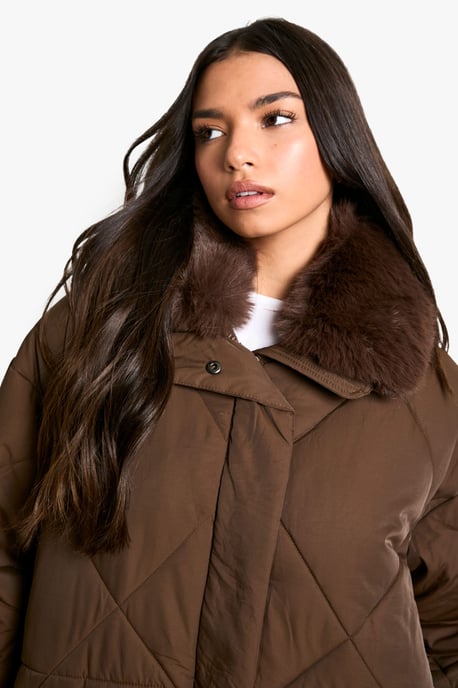 Premium Faux Fur Trim Quilted Maxi Parka - Image 4