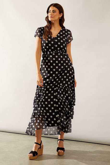 Spot Print Chiffon Ruffle Frill Maxi Dress - Image 1