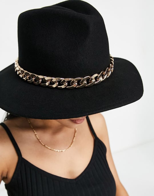 ASOS DESIGN felt fedora hat with chain band and size adjuster in black