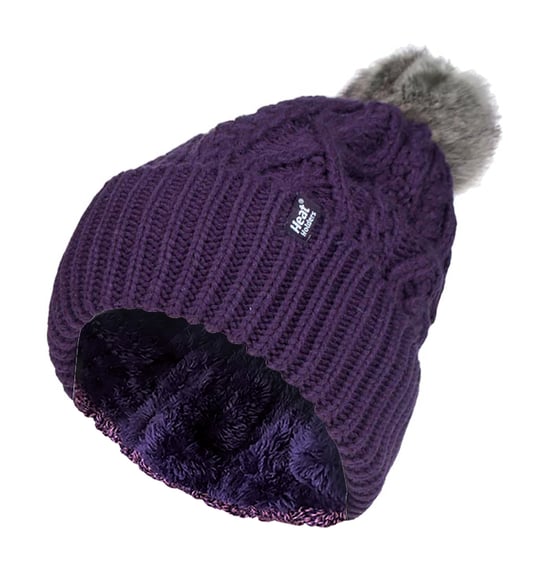 Ladies Ribbed Cuffed Pom Pom Bobble Beanie Hat with Fleece Lining - Image 1