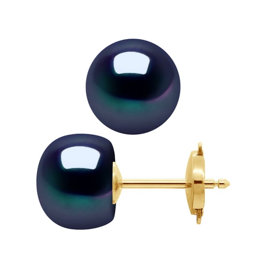 DIADEMA - Earrings - Yellow Gold and Real Freshwater Pearls - Black Tahitian Style