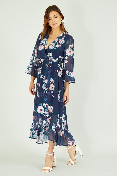 Navy Watercolour Floral Dip Hem Midi Dress
