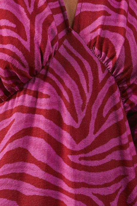 Pink Zebra Print Viscose V Neck Long Puff Sleeve Midi