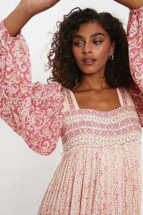 Embroidered Square Neck Midi Dress