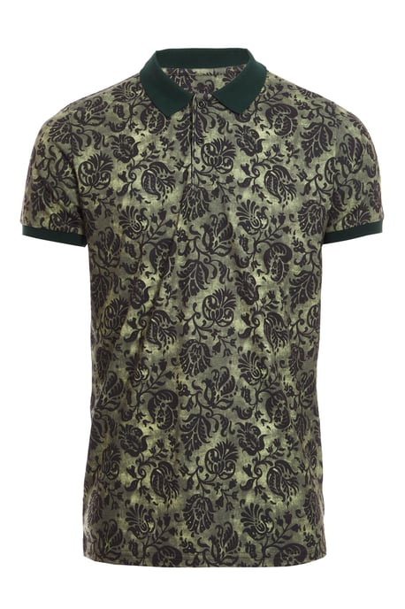 Floral Polo Shirt with Contrast Collar & Sleeves in Green