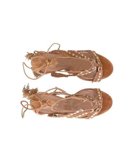 Aquazzura Tassel Accents Gladiator Sandals in Brown Suede - Image 5