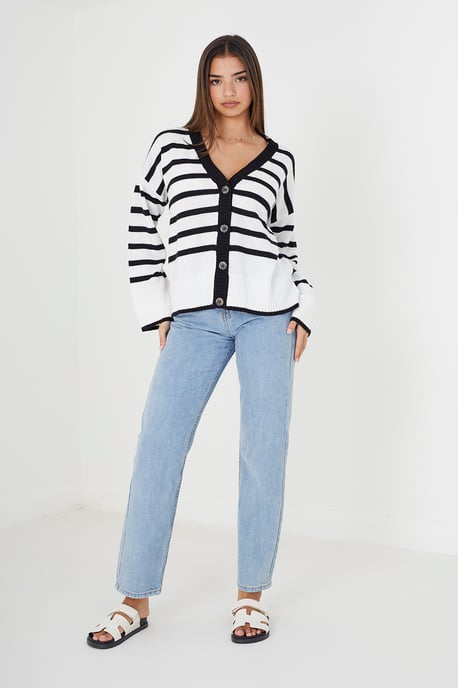 Ivory 'Wave' V-Neck Striped Cardigan