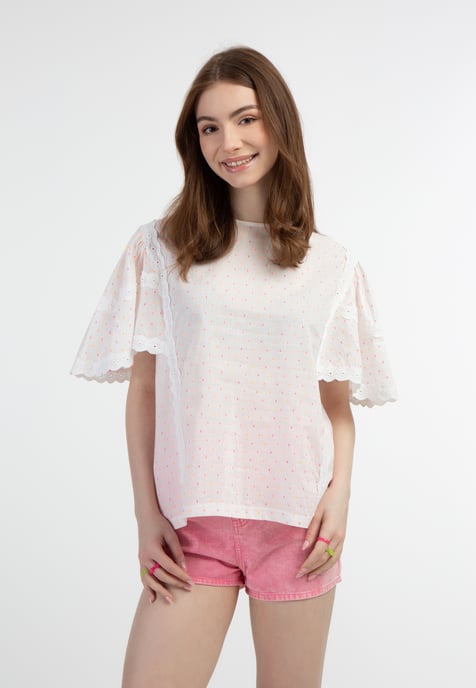 Mymo blouse met kant Dames Wit roze oranje stippen - Image 3