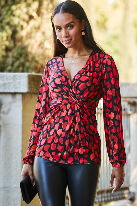 Red Fleck Print Wrap Front Blouson Sleeve Top
