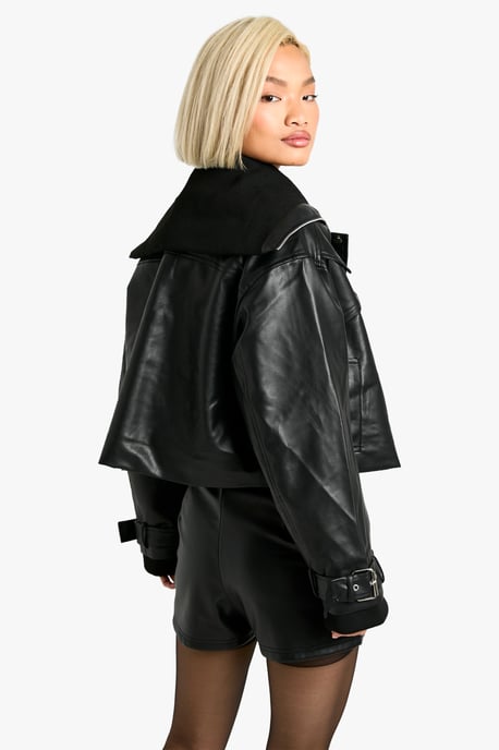 Rib Detail Faux Leather Bomber Jacket - Image 2