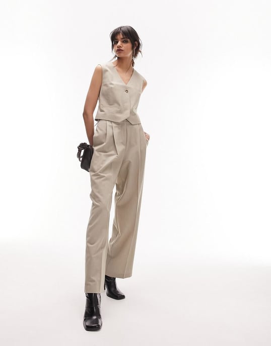 Topshop co-ord tapered trousers in beige marl-Neutral
