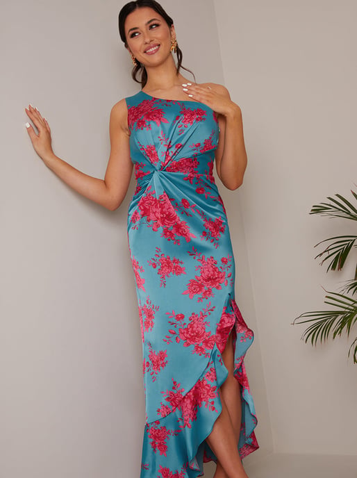 One Shoulder Floral Printed Midi Dress in Teal