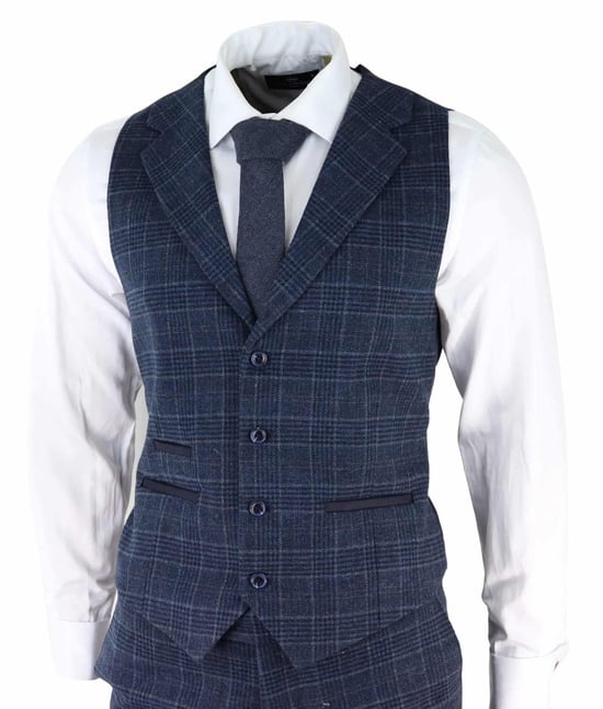 Mens Blue Check 3 Piece Tweed Suit Peaky Blinders 1920s Gatsby Tailored Fit - Image 4
