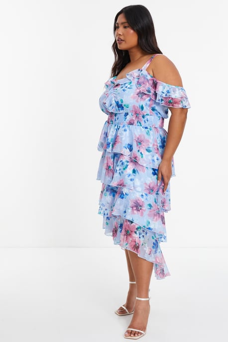 Curve Blue Floral Chiffon Tiered Midi Dress