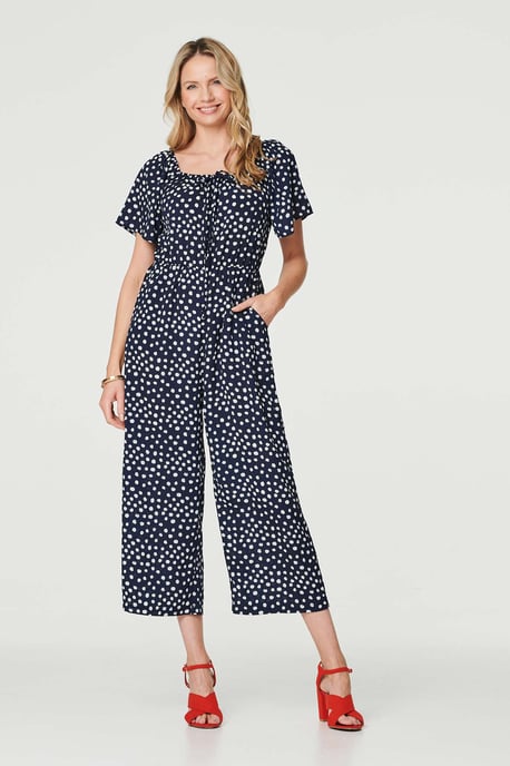 Navy Polka Dot Print Angel Sleeve Jumpsuit