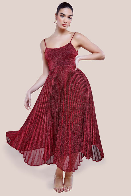 Tie Back Pleated Lurex Skater Midi Dress