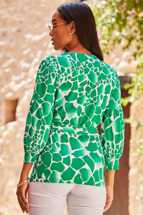 Green & White Morocco Print Wrap Jersey Top