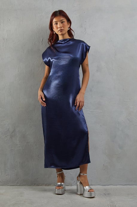 High Shine Metallic Grown On Sleeve Midi Dress