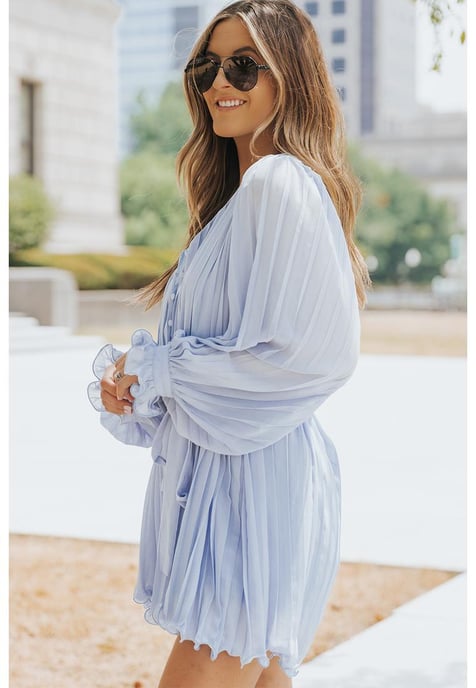 Women's Pleated Ruffled Tie Waist Romper in Sky Blue - Image 4