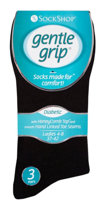 Gentle Grip - 6 Pairs of Ladies Diabetic Sock with Honey Comb Top and Hand linked Toe Seams - Black