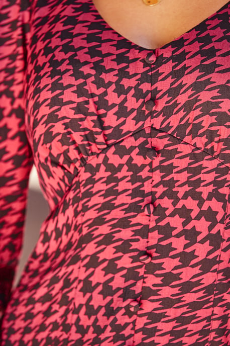 Pink & Black Dogtooth Print Button Detail Midi Dress