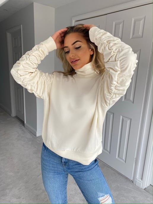 Cream Ruche Sleeve Sweat